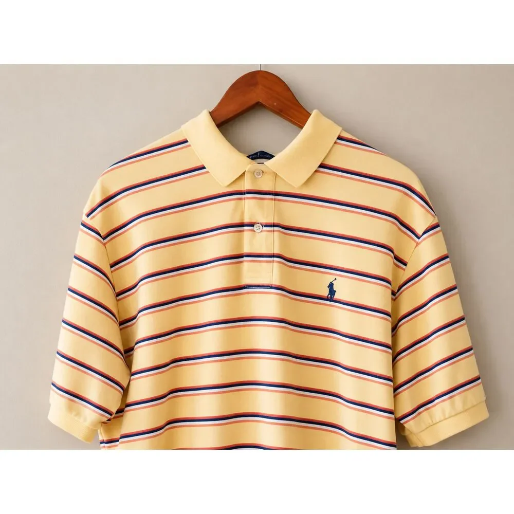 Vintage Ralph Lauren Polo Shirt Mens XL Yellow Striped Americana Preppy 90s